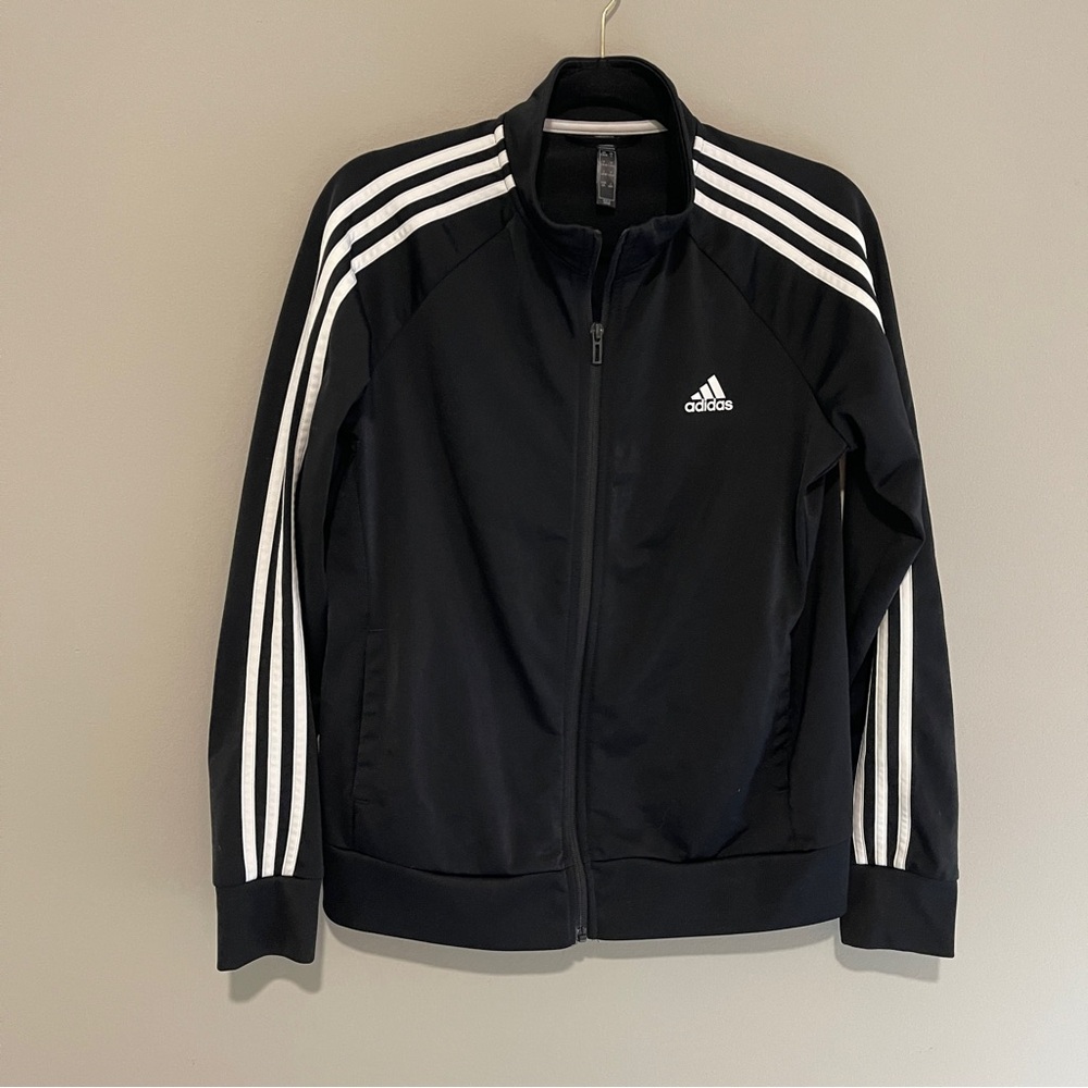 Adidas Black Track Jacket Full Zip Front Pockets White Stripes Size L